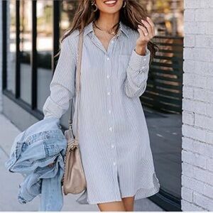 Tahari Blue White Striped Linen Shirt Dress Womens M Button Front Chest Pocket